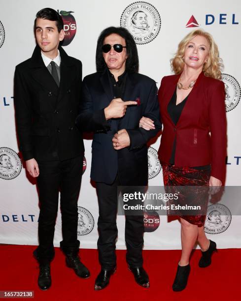 Nick Simmons, Gene Simmons and Shannon Tweed attend The Friars Club Roast Honors Jack Black at New York Hilton and Towers on April 5, 2013 in New...