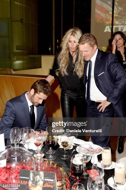 Gerard Butler, Kaspar Capparoni and Tiziana Rocca attend the gala dinner by Antonello Colonna for the movie 'Olympus Has Fallen' on April 5, 2013 in...