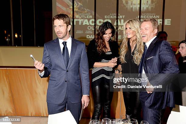 Gerard Butler, Madalina Ghenea, Kaspar Capparoni and Tiziana Rocca attend the gala dinner by Antonello Colonna for the movie 'Olympus Has Fallen' on...