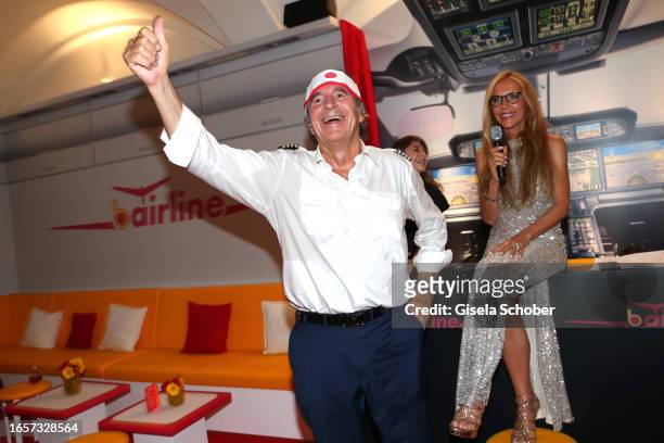 Urs Brunner and Daniela Brunner during the Flight into the 70ies" birthday party of Urs Brunner at Praterinsel on September 9, 2023 in Munich,...