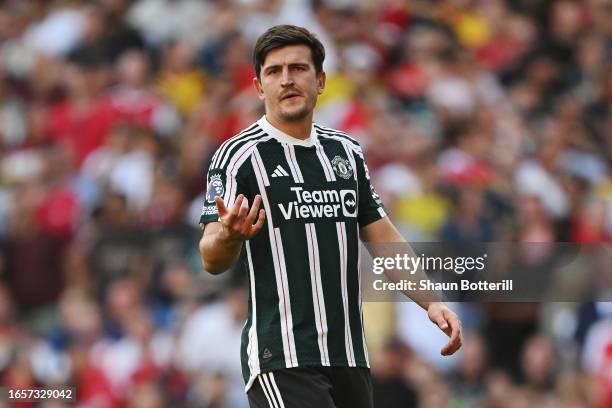 Harry Maguire of Manchester United looks on during the Premier League match between Arsenal FC and Manchester United at Emirates Stadium on September...