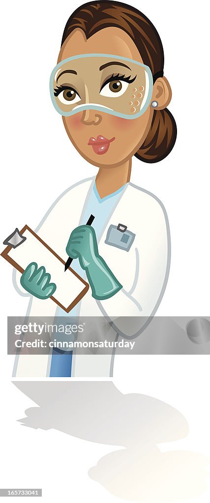 Mujer científico es bata de laboratorio con portapapeles