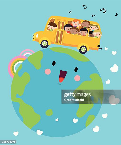 stockillustraties, clipart, cartoons en iconen met happy smiling multicultural kids on school bus - looking through a window