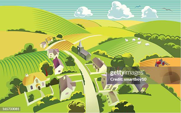 countryside with village - english farmhouse stock illustrations