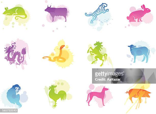 stains icons - chinese zodiac - rooster print stock illustrations
