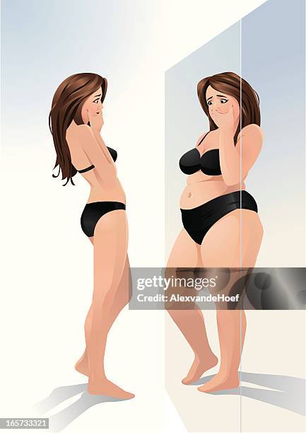 woman and mirror, thinking she has overweight - large mirror stock illustrations