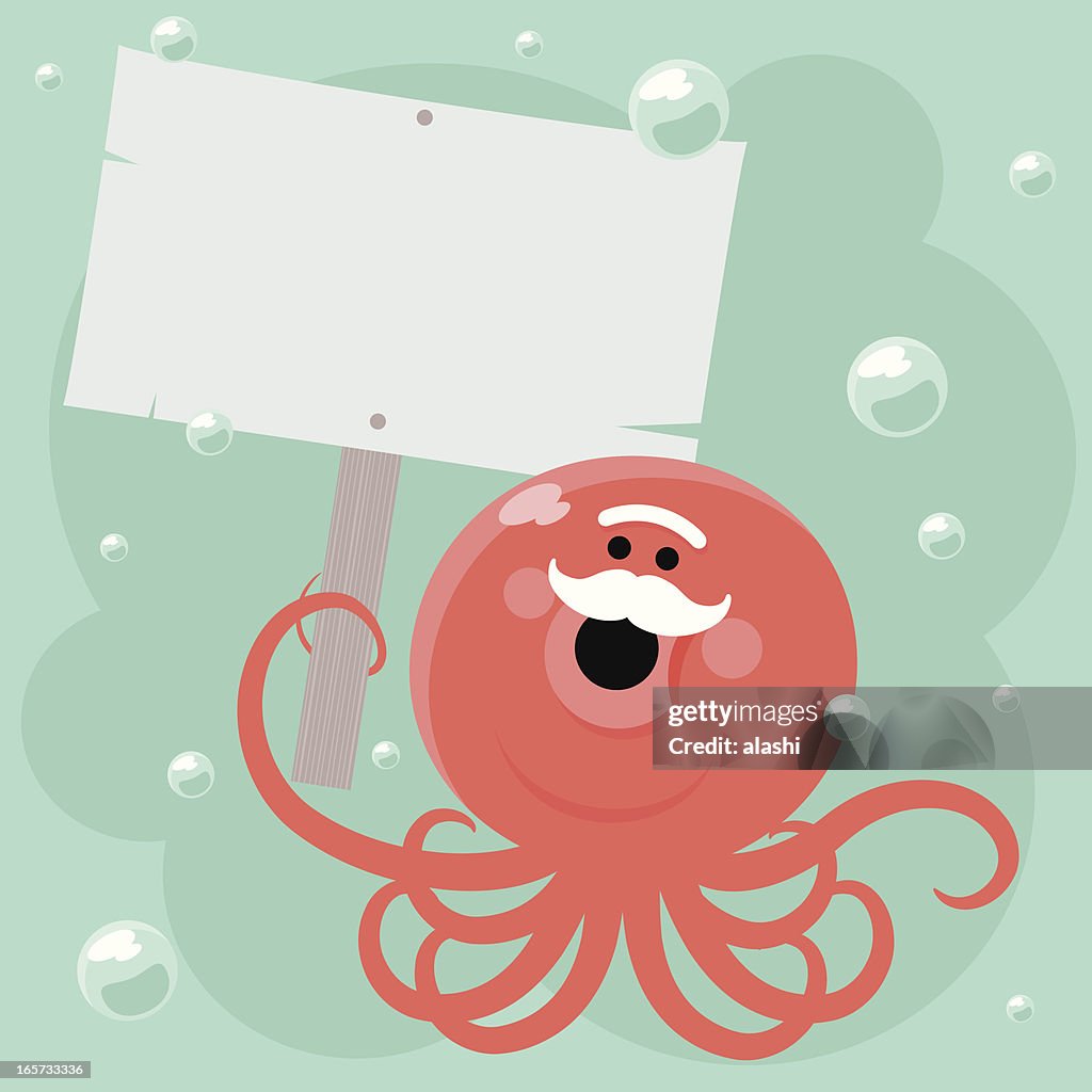 Old Cute Octopus Holding A Blank Sign