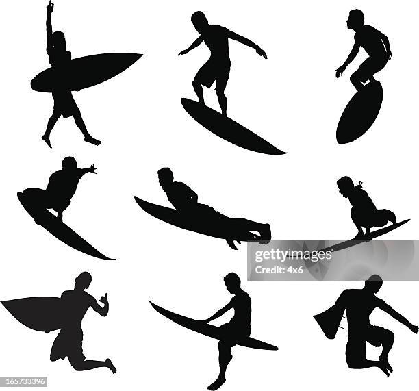 male surfer shredding waves - surfing stock illustrations stock illustrations