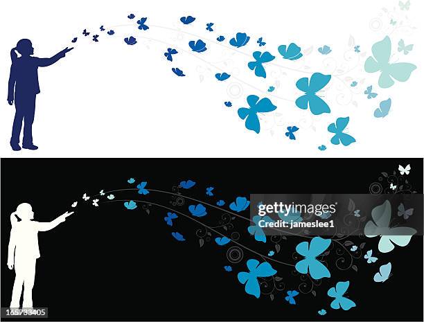 girl with butterflies - releasing butterfly stock illustrations