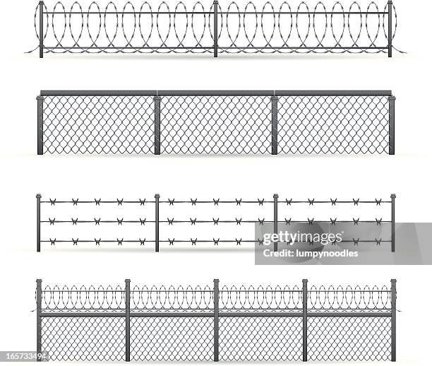 industrielle zäune - barbed wire fence stock-grafiken, -clipart, -cartoons und -symbole
