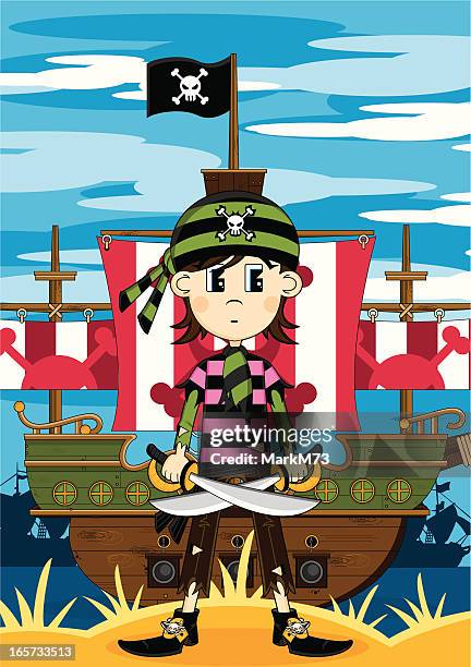 bandana pirate girl & schiff - anker werfen stock-grafiken, -clipart, -cartoons und -symbole