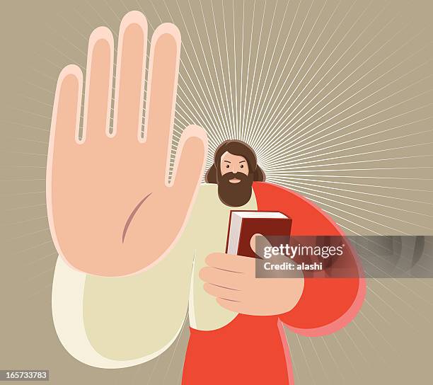 jesus christ holding bible and gesturing stop hand sign - stop gesture stock illustrations