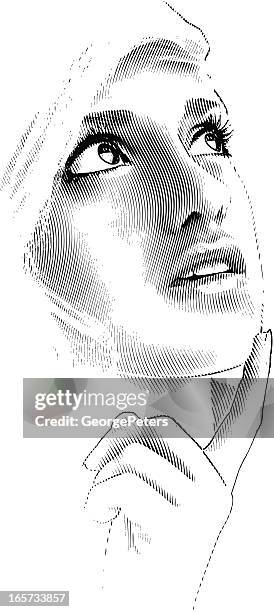 pensive woman engraving - hand on chin stock illustrations