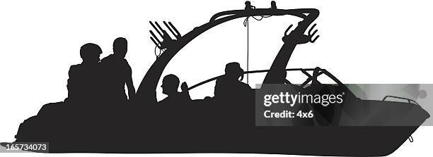 wake boarding speed boat with people on it - wakeboarding boat stock illustrations