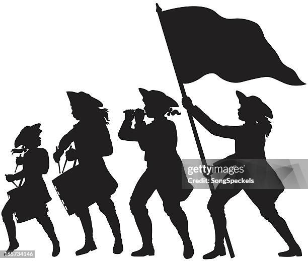 querflöte und trommeln und flagge marschieren silhouetten - revolutionary war flag stock-grafiken, -clipart, -cartoons und -symbole