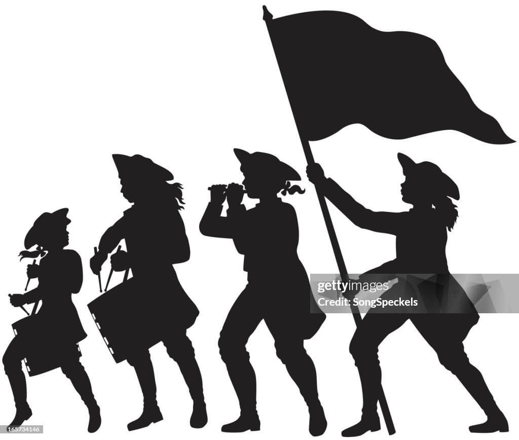 Fife, tambores y bandera marchando siluetas