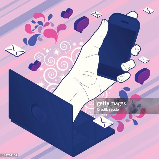 phone with pc - hand breaking through stock illustrations