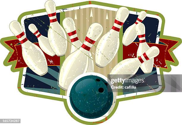 vintage bowling crest with ball knocking down pins - sports league stock illustrations