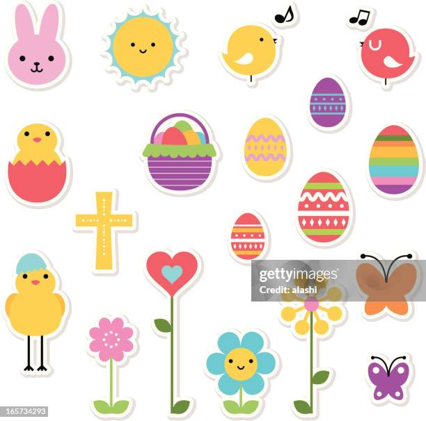 ilustraciones, imágenes clip art, dibujos animados e iconos de stock de conjunto de iconos de pascua de navidad, elementos de diseño en colores - easter egg hunt