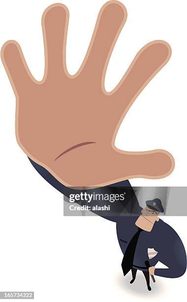 polizist auf der suche nach oben und der stopp-geste - datenschutz grundverordnung stock-grafiken, -clipart, -cartoons und -symbole