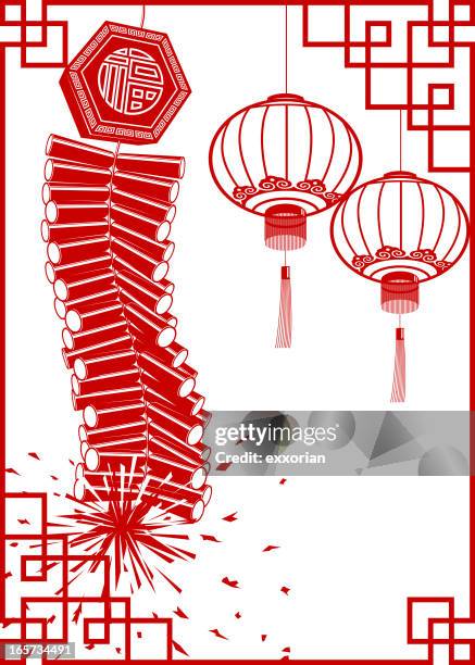 firecracker with lantern chinese paper-cut frame art - firework explosive material stock illustrations