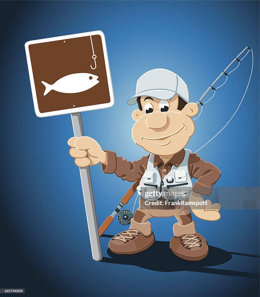 Cartoon Fisherman Fishing Sign High-Res Vector Graphic - Getty Images