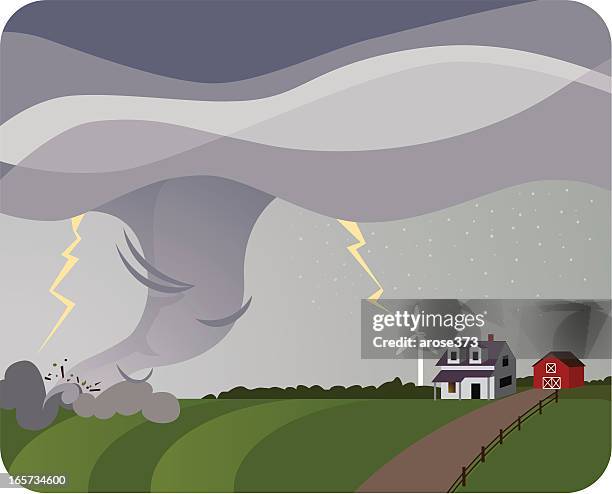 tornado towards farm - hail damage stock illustrations