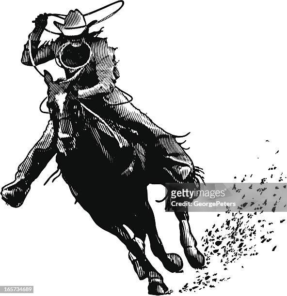 cowboy and lasso engraving - rodeo stock illustrations