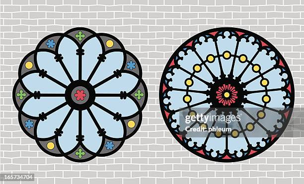 2d graphic stained glass window patterns against gray brick - rose window stock illustrations
