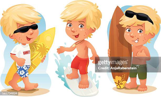 ilustrações, clipart, desenhos animados e ícones de cool menino surfista - cabelo louro