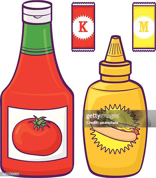 illustration of ketchup and mustard bottles and sachets - ketchup packet stock illustrations