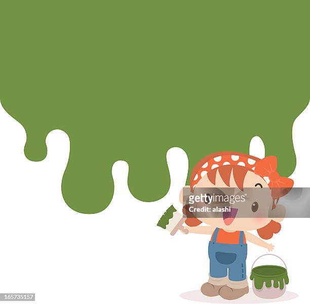 cute girl painting wall green with a paint brush - children painting stock illustrations