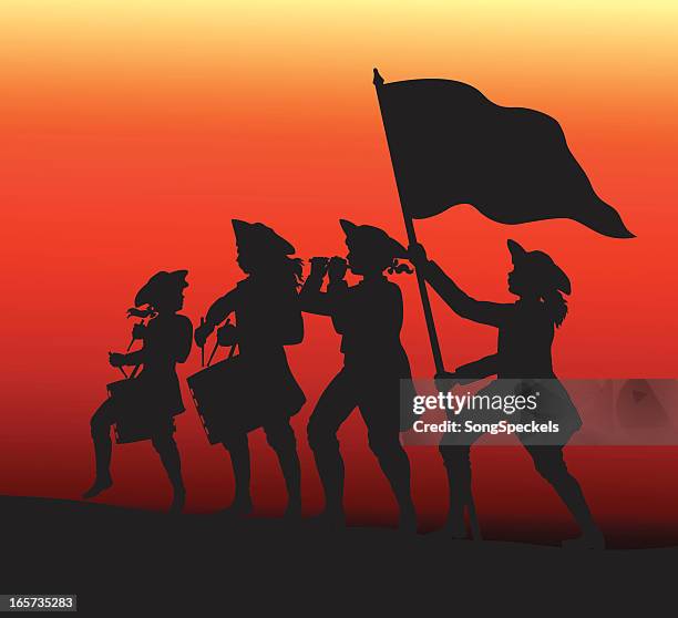 stockillustraties, clipart, cartoons en iconen met marching with drums, fife and flag. - driekantige hoed