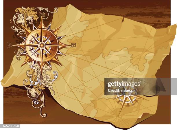 age-old compass and map - ancient map of the world stock illustrations