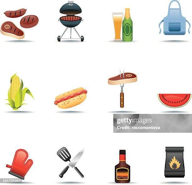 icon set, barbecue grill - grilled corn stock illustrations