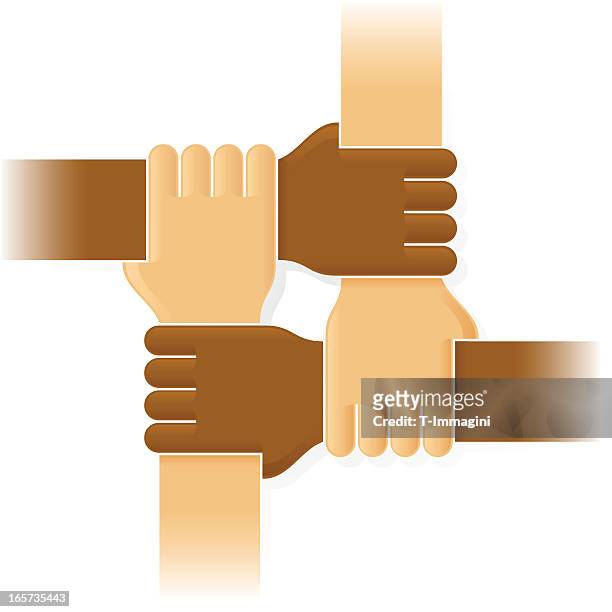 four joint hands - four people stock illustrations