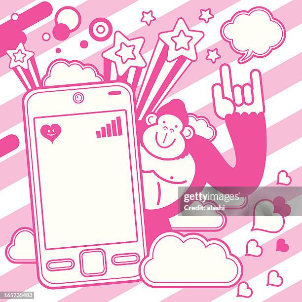 orangutan gesturing love hand sign with cell phone design element - orang utan stock illustrations