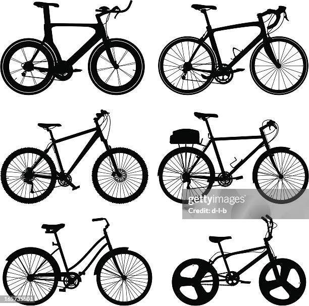 ilustraciones, imágenes clip art, dibujos animados e iconos de stock de siluetas detalladas de bicicleta - bici de montaña