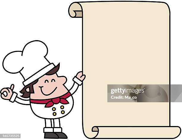 bildbanksillustrationer, clip art samt tecknat material och ikoner med cartoon chef holding blank recipe - veläng