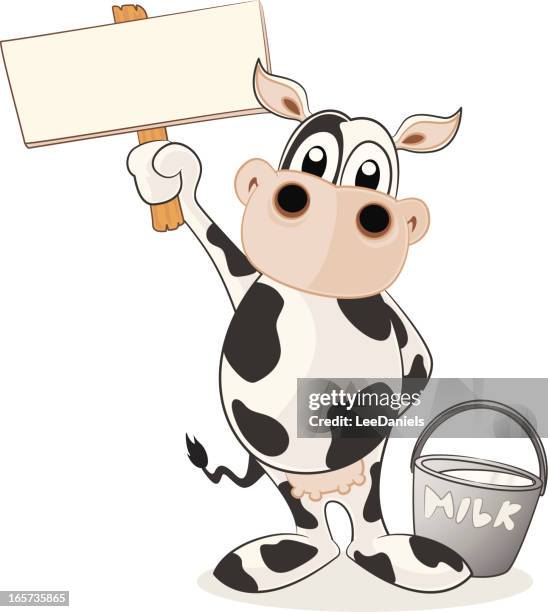dairy cow holding a blank sign - white bucket stock illustrations