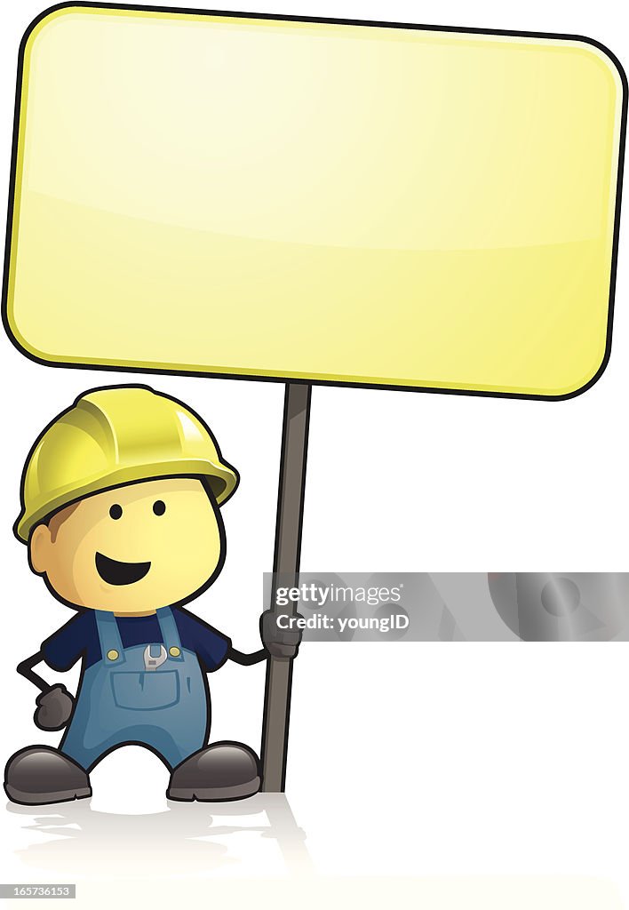 Cartoon Construction Worker Holding A Large Sign High-Res Vector Graphic -  Getty Images