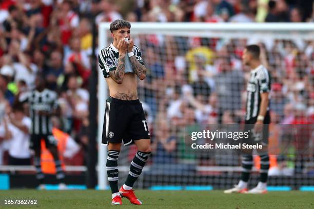 Alejandro Garnacho of Manchester United looks dejected during the Premier League match between Arsenal FC and Manchester United at Emirates Stadium...