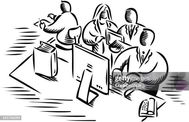 people in the office - using computer smile stock illustrations