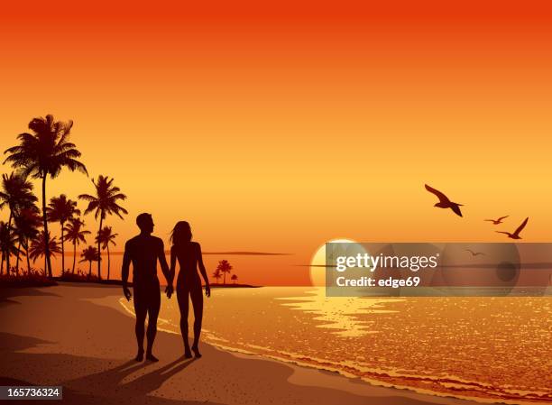 bildbanksillustrationer, clip art samt tecknat material och ikoner med couple walking on the beach at sunset - solnedgång