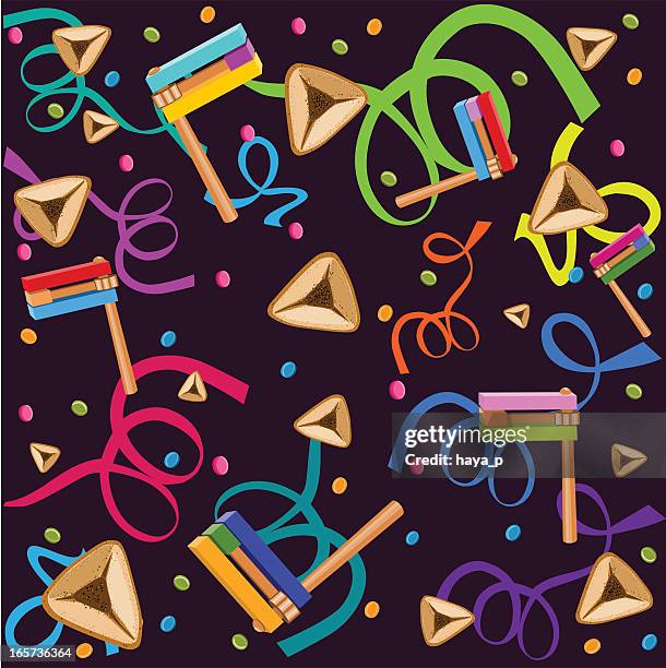 purim illustration with graggers and hamantaschen - purim stock illustrations