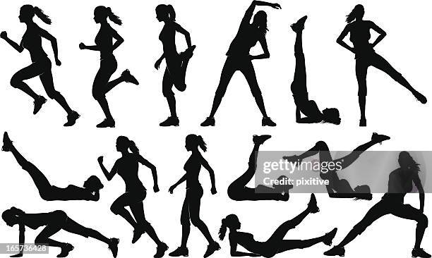 illustrations, cliparts, dessins animés et icônes de exercices de sport silhouettes (female - joggeuse