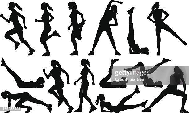 ilustrações, clipart, desenhos animados e ícones de exercícios silhuetas de ginástica (feminino - praticando