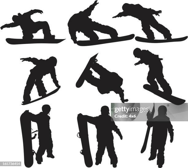 snowboarders - happy jumping white background stock illustrations