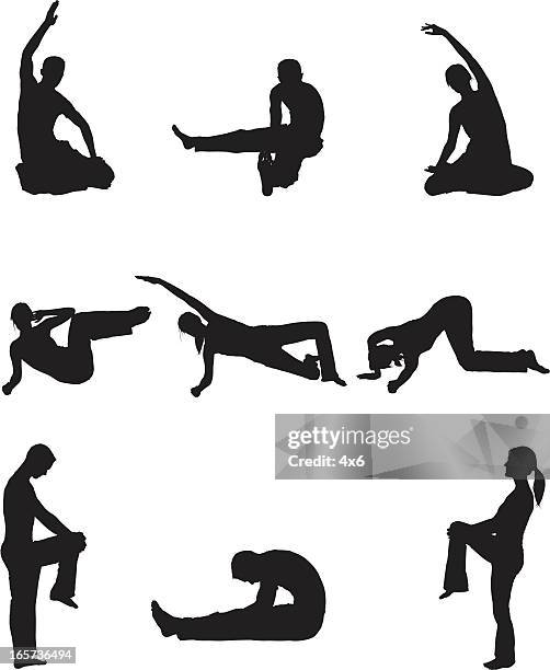 männer und frauen tun yoga stretchs - standing on one leg stock-grafiken, -clipart, -cartoons und -symbole