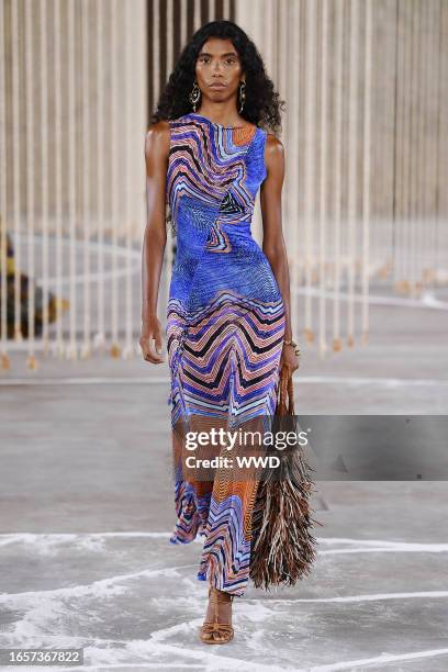 Model on the runway at the Ulla Johnson Spring 2024 Ready To Wear Fashion Show at Powerhouse Arts on September 10, 2023 in New York, New York.